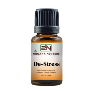 May include: A small amber glass bottle with a black cap, labeled "De-Stress" from Nirvana Nurture. The label includes the text "Premium Therapeutic Grade 100% Pure Essential Oil Blend" and "1/3 FL OZ. (10mL)".