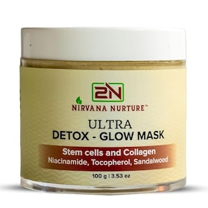 May include: A white jar with a brown label that reads "2N NIRVANA NURTURE™ ULTRA DETOX - GLOW MASK Stem cells and Collagen Niacinamide, Tocopherol, Sandalwood 100 g | 3.53 oz"