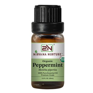 May include: A small amber glass bottle of organic peppermint essential oil. The label reads "Nirvana Nurture" and "Peppermint". The bottle has a black cap and contains 1/3 fl oz (10mL) of oil.