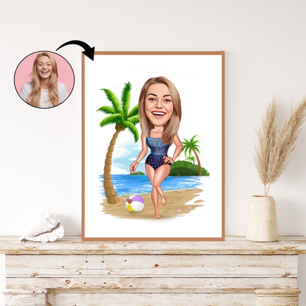 Personalized beach caricature, Woman on the beach, Custom portrait illustration, Holyday caricature, Fun and humor gift, Customized art