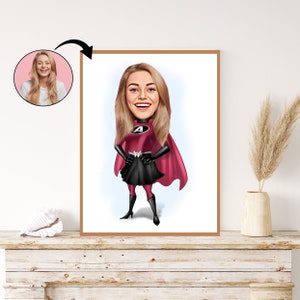 Caricatura personalizada de super-herói: ilustração personalizada de retrato de herói, arte de superpotência sob medida, presente exclusivo para ela, desenho animado personalizado vibrante