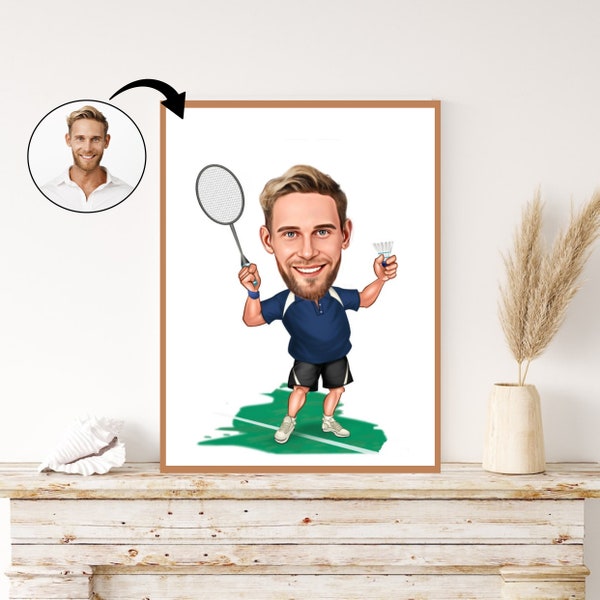 Benutzerdefinierte Badminton Spieler Karikatur - personalisierte Sport Enthusiast Portrait Geschenk für ihn. Federball Präzision, Sport Leidenschaft, Art.