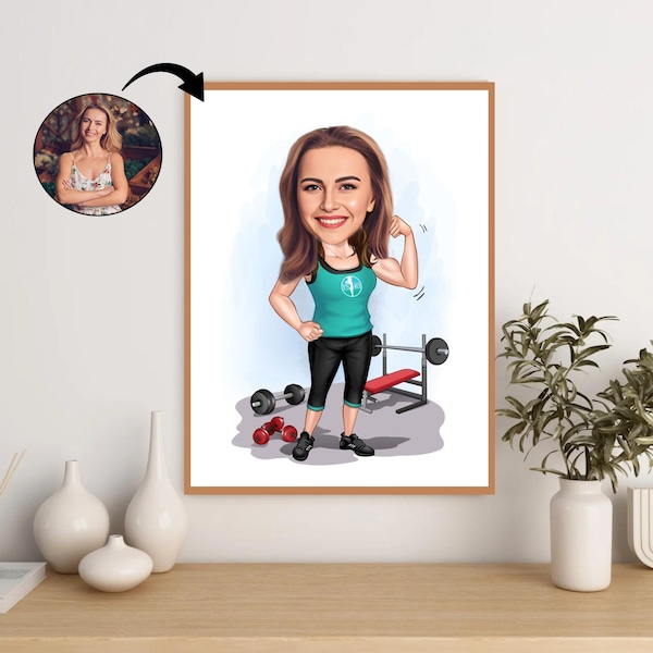 Custom Strength Trainer Caricature: Personalized Fitness Portrait Illustration, Bespoke Gym Art, Unique Gift for Her, Vibrant Custom Cartoon