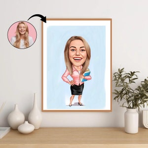 Custom Business Woman Caricature - Personalized Professional Portrait Gift for Her. Unique Corporate Art Celebrating Success and Humor.