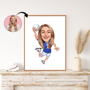 Benutzerdefinierte Frau Handballspieler Karikatur - personalisiertes athletisches Porträt Geschenk für sie. Sportbegeisterte, Handball-Passion und Skurril.