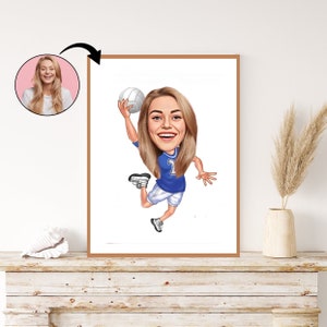 Aangepaste vrouw handbalspeler karikatuur - gepersonaliseerd atletisch portret cadeau voor haar. Sportliefhebber, handbalpassie en grillig.