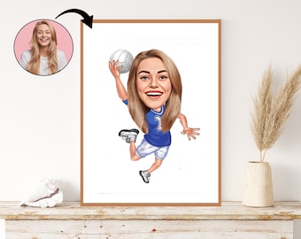 Benutzerdefinierte Frau Handballspieler Karikatur - personalisiertes athletisches Porträt Geschenk für sie. Sportbegeisterte, Handball-Passion und Skurril.