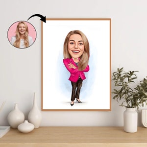 Custom Business Woman Caricature - Personalized Professional Portrait Gift for Her. Elegance, and Unique Female Entrepreneur Artwork.