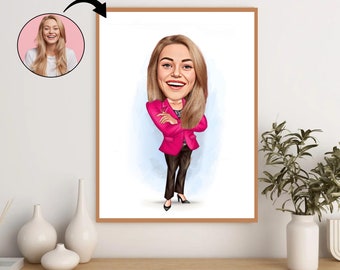 Custom Business Woman Caricature - Personalized Professional Portrait Gift for Her. Elegance, and Unique Female Entrepreneur Artwork.