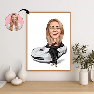 Custom Business Woman with Car Caricature - Personalized Professional Portrait Gift for Her. Corporate Success, Elegance.