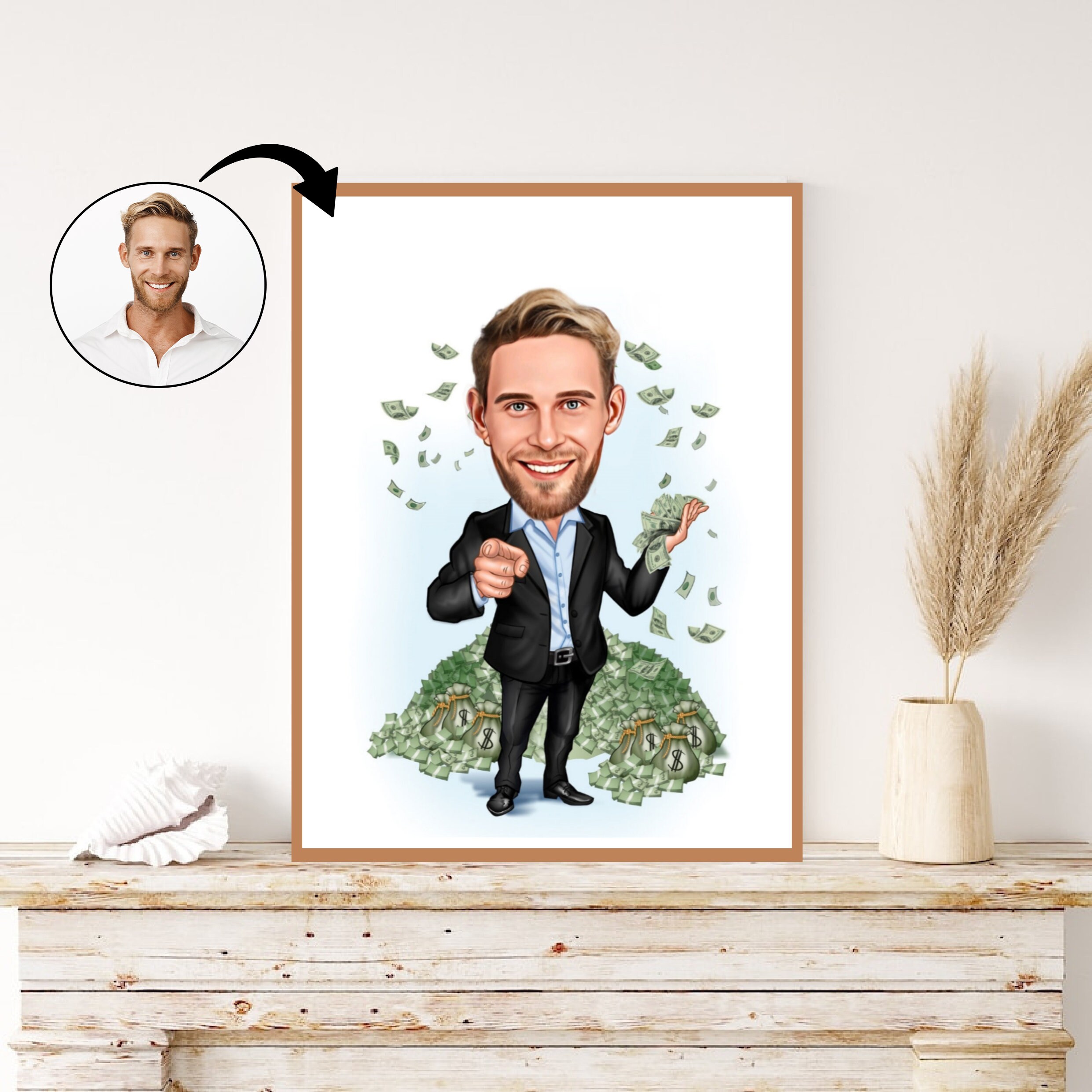 Custom Business Man with Money Caricature - Personalized Success Portrait Gift for Him. Financial Success, Wealthy Lifestyle, Business Art