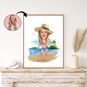 Custom Beach Caricature - Personalized Seaside Portrait for Her - Unique Coastal Gift - Bespoke Ocean Vibes Illustration, Caricature gift