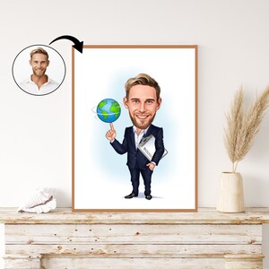 Custom Business Man with Globe Caricature - Personalized Global Leader Portrait Gift for Him. Visionary Leadership, Global Impact, Business.