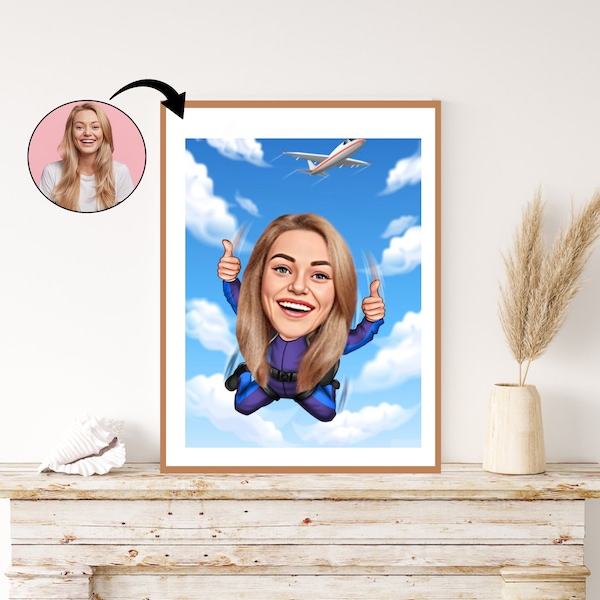 Caricature personnalisée de parachutisme - cadeau portrait personnalisé pour elle. Amateur d'aventure, de sensations fortes et d'art du parachutisme
