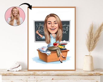 Custom Teacher Caricature: Personalized Teacher Portrait Illustration, Bespoke Teacher Art, Unique Gift for Her, Vibrant Custom Cartoon