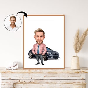 Custom Business Man with Luxury Car Caricature - Personalized Executive Portrait Gift for Him. Success Celebration, Luxury Lifestyle Art.