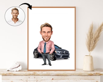 Custom Business Man with Luxury Car Caricature - Personalized Executive Portrait Gift for Him. Success Celebration, Luxury Lifestyle Art.