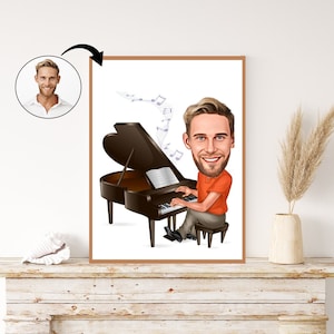 Custom Piano Player Caricature: Personalized Piano Player Portrait Illustration, Bespoke Music Art, Unique Gift for Him, Custom Cartoon