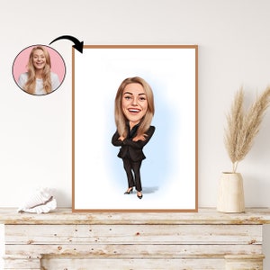 Custom Business Woman Caricature - Personalized Professional Portrait Gift for Her. Corporate Success, Elegance, and Unique Female.