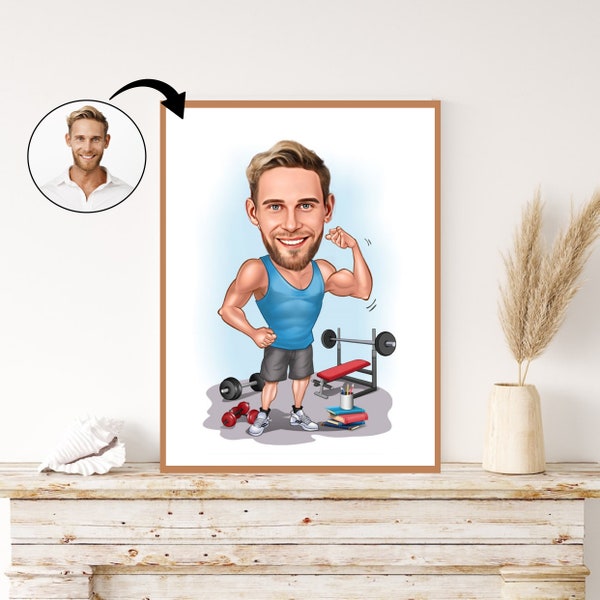 Custom Strength Trainer Caricature: Personalized Fitness Portrait Illustration, Bespoke Gym Art, Unique Gift for Him, Vibrant Custom Cartoon