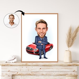 Custom Business Man with Luxury Car Caricature - Personalized Success Portrait Gift for Him. Professional Achievement, Entrepreneur Gift.