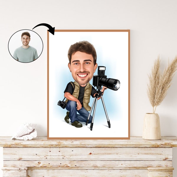 Caricature de photographe personnalisée : illustration de portrait personnalisé avec appareil photo, art photographique sur mesure, cadeau unique pour lui, dessin animé personnalisé