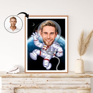 Caricatura de astronauta personalizada: Ilustración de retrato de astronauta personalizada, arte de astronauta a medida, regalo único para él, dibujos animados personalizados