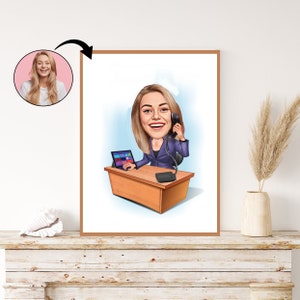 Custom Businesswoman Desk Caricature - Personalized Professional Portrait | Unique Career Enthusiast Gift | Office Charisma Art