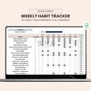 Puede incluir: Un rastreador de hábitos semanales digital que se muestra en la pantalla de una tableta. El rastreador, etiquetado como "Weekly Habit Tracker", incluye una fecha de inicio, un porcentaje de progreso y una lista de hábitos con casillas de verificación para el seguimiento diario. El texto "Set Goals | Track Progress | Stay Consistent" también es visible.