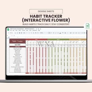 Habit Tracker (Interactive Flower) | 20 Habits | Google Sheets Template | Visual Flower & Bar Progress | Auto % | Instant Download