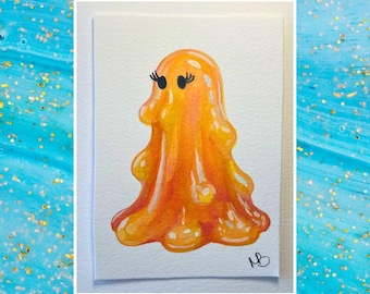 ACEO Original Painting, Gouache Watercolour | Orange Slime | 3.5x2.5"