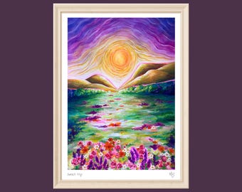 Trippy Sunset Floral Landscape Art Print | Gouache Painting (Digital Download)