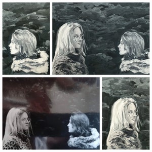 May include: A collage of six black and white images featuring portraits of women with long hair wearing coats. The women are looking in different directions. The images are arranged in a grid pattern.