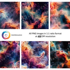 May include: A vibrant nebula with swirling clouds of pink, orange, blue, and purple. The nebula is filled with stars, creating a cosmic landscape.