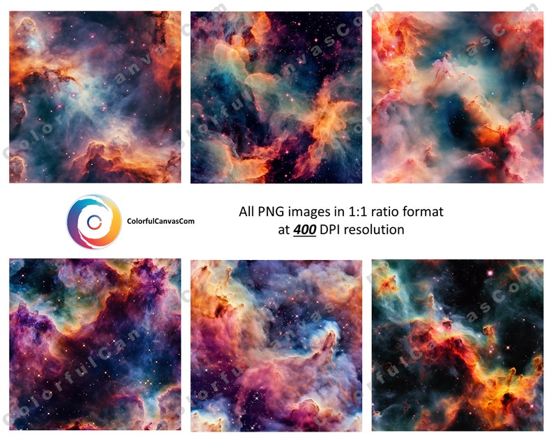 May include: A vibrant nebula with swirling clouds of pink, orange, blue, and purple. The nebula is filled with stars, creating a cosmic landscape.