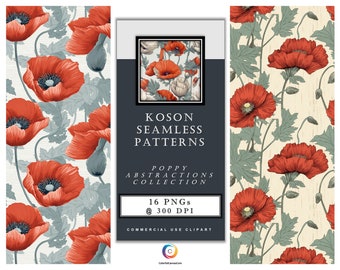 Koson Seamless Patterns – Poppy Abstractions Collection – A set of 16 Digital Art Images inspired by Ohara Koson. Instant Digital Download
