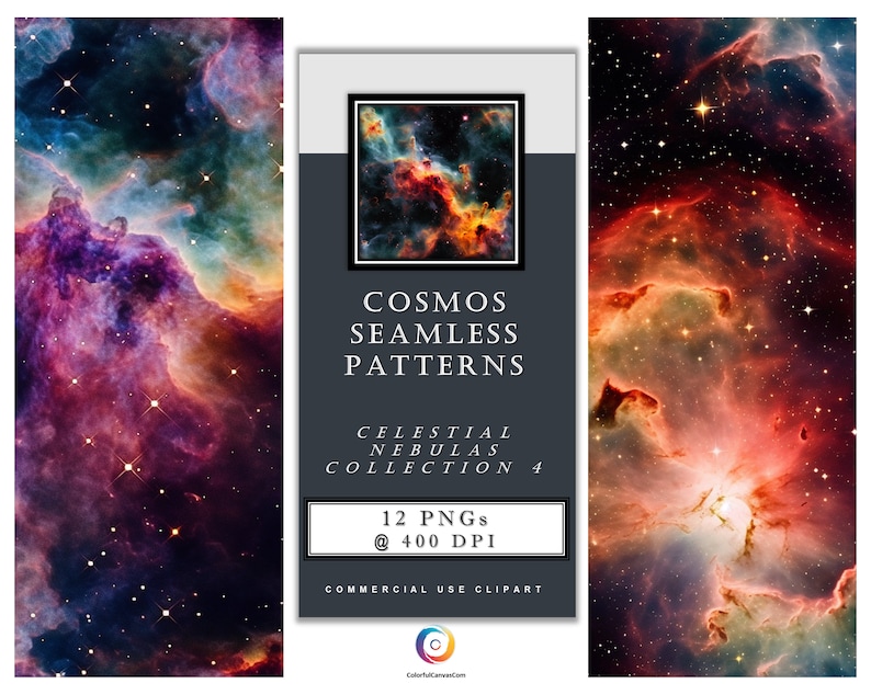 May include: A digital illustration of a colorful nebula with stars. The text "COSMOS SEAMLESS PATTERNS CELESTIAL NEBULAS COLLECTION 4 12 PNGs @ 400 DPI COMMERCIAL USE CLIPART" is displayed on a dark gray background.