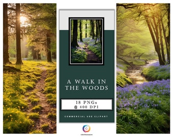 A Walk in the Woods – A set of 18 Digital Art PNG images of serene scenes of early mornings on forest walks. Instant Digital Download