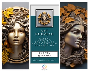 Art Nouveau - Forest Nymphs: The Bronze Relief Autumn Collection 1 – Set of 20 Digital Art Nouveau Images. Digital Download. Fall Theme Art