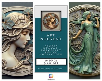 Art Nouveau - Forest Nymphs: Porcelain Relief Collection – A set of 10 Digital Art Nouveau inspired PNG images. Instant Digital Download