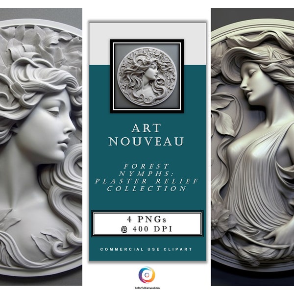 Art Nouveau - Forest Nymphs: The Plaster Relief Collection – A set of 4 Digital Art Nouveau inspired PNG images. Instant Digital Download