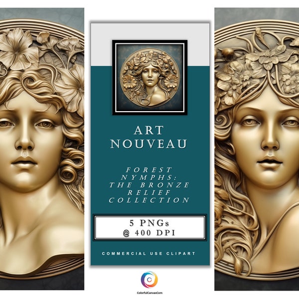 Art Nouveau - Forest Nymphs: The Bronze Relief Collection 1 – A set of 5 Digital Art Nouveau images. Instant Digital Download