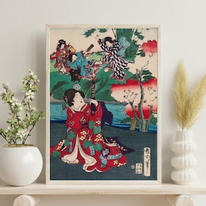 Japanese Watercolour Painting Tale of Genji Edo Period Wall Art Unique Home Decor Painting Traditional Japan Watercolor Wall Art Painting