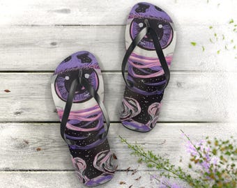Cosmic Cat Eye Flip Flops — Purple Space Kitty Beach Sandals