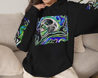 Skull Smoke Hoodie — "Smoke the Ordinary Away" Neon Psychedelische Pullover