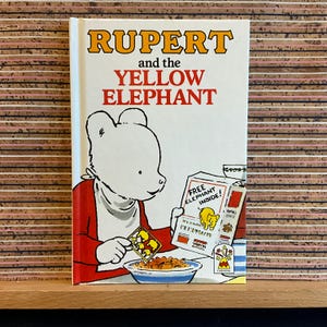 Rupert und der gelbe Elefant , geschrieben von Len Collis, illustriert von Jon Denim - Vintage Hardcover Kindertaschenbuch, Karneval 1988