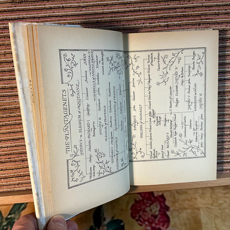 Puede incluir: Un libro abierto que muestra un &aacute;rbol geneal&oacute;gico de los Plantagenets. Las p&aacute;ginas est&aacute;n envejecidas con texto en tinta negra, con nombres y relaciones familiares. Ilustraciones florales bordean el texto, con el libro sobre una superficie de madera.