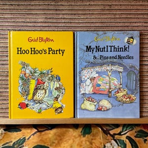 May include: Two vintage children's books by Enid Blyton. The book on the left has a yellow cover with the title "Hoo Hoo's Party" and an illustration of an owl and rabbit. The book on the right has a blue cover with the title "My Nut I Think! & Pins and Needles".