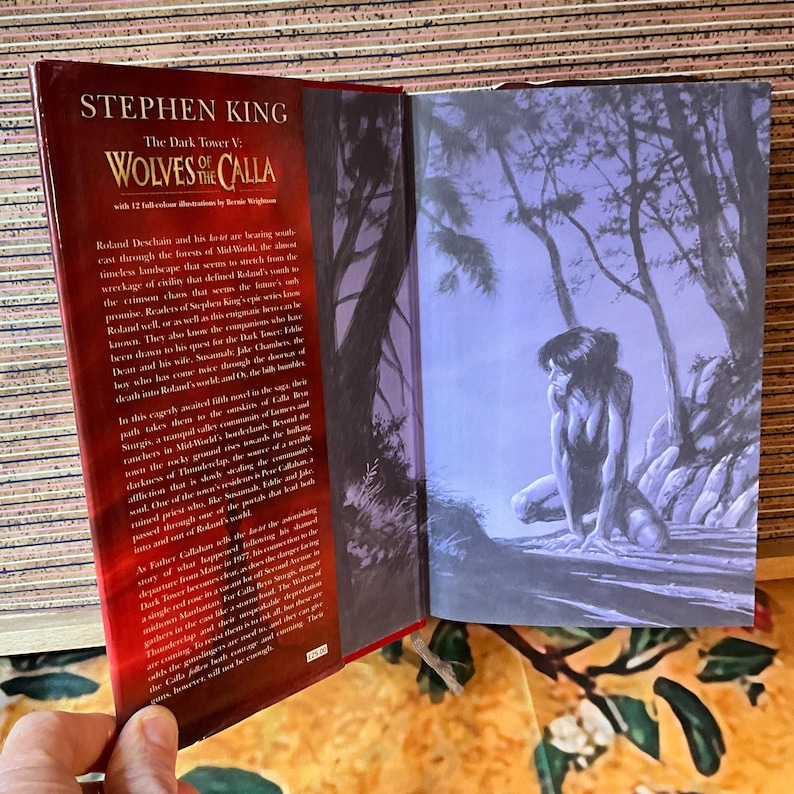 May include: Open book titled "The Dark Tower V: Wolves of the Calla" by Stephen King. The cover is red with white text. The inside shows a woman in a forest setting. The book is held open by a hand.