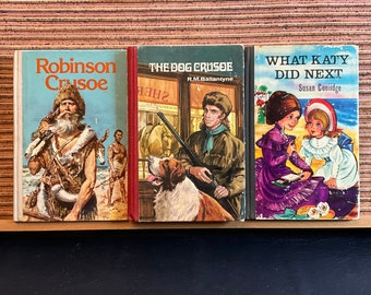 Bargain Bundle - Robinson Crusoe by Daniel Defoe, Dog Crusoe by R M Ballantyne, What Katy Did Next by Susan Coolidge - Abbey Classics 1970s